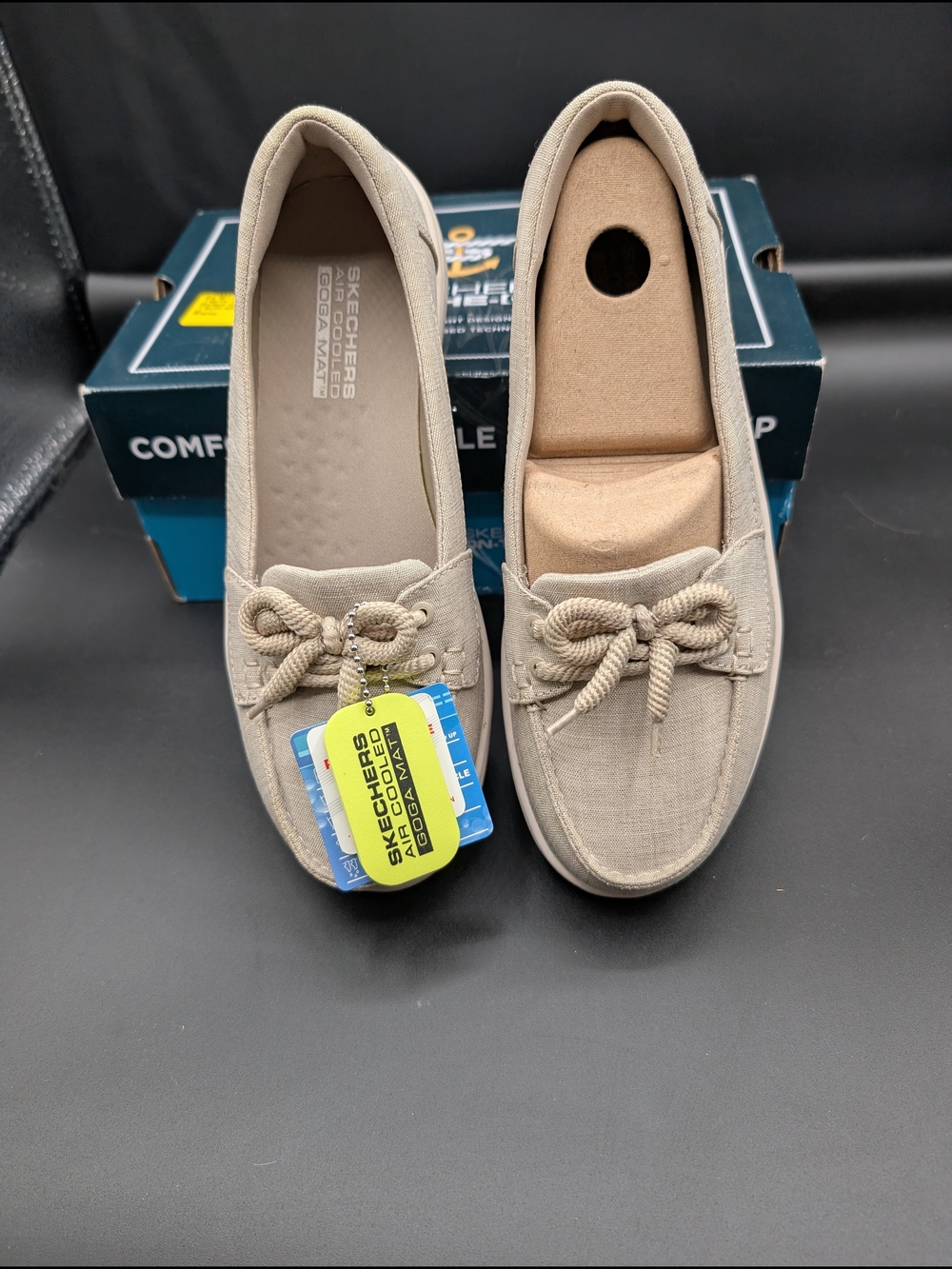 Skechers Women’s Taupe Canvas Slip-On Loafers with Bow Detail